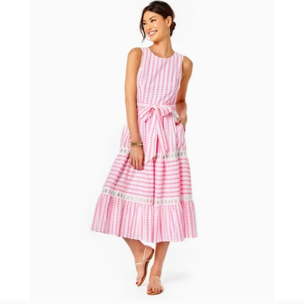 Lilly Pulitzer Maybella Tiered Midi Dress Pink Isle Gingham Lace Insert 6 - Picture 16 of 16